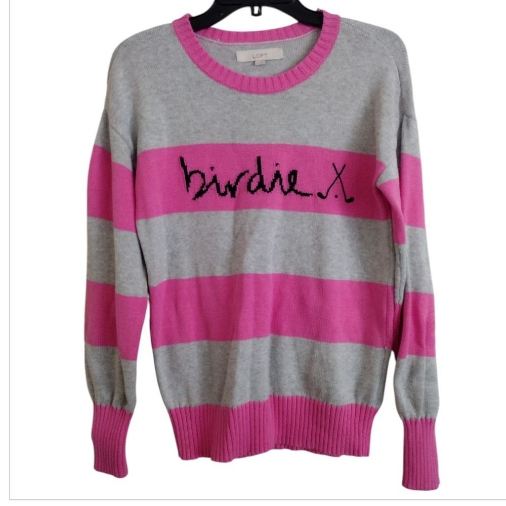 LOFT Golf Birdie Grey And Pink Striped Sweater Size Small